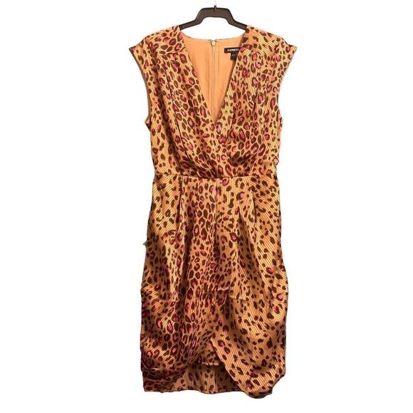 Express Small Leopard Print Draped Satin Mini Sheath Dress - Leopard print w/pin - Picture 2 of 16